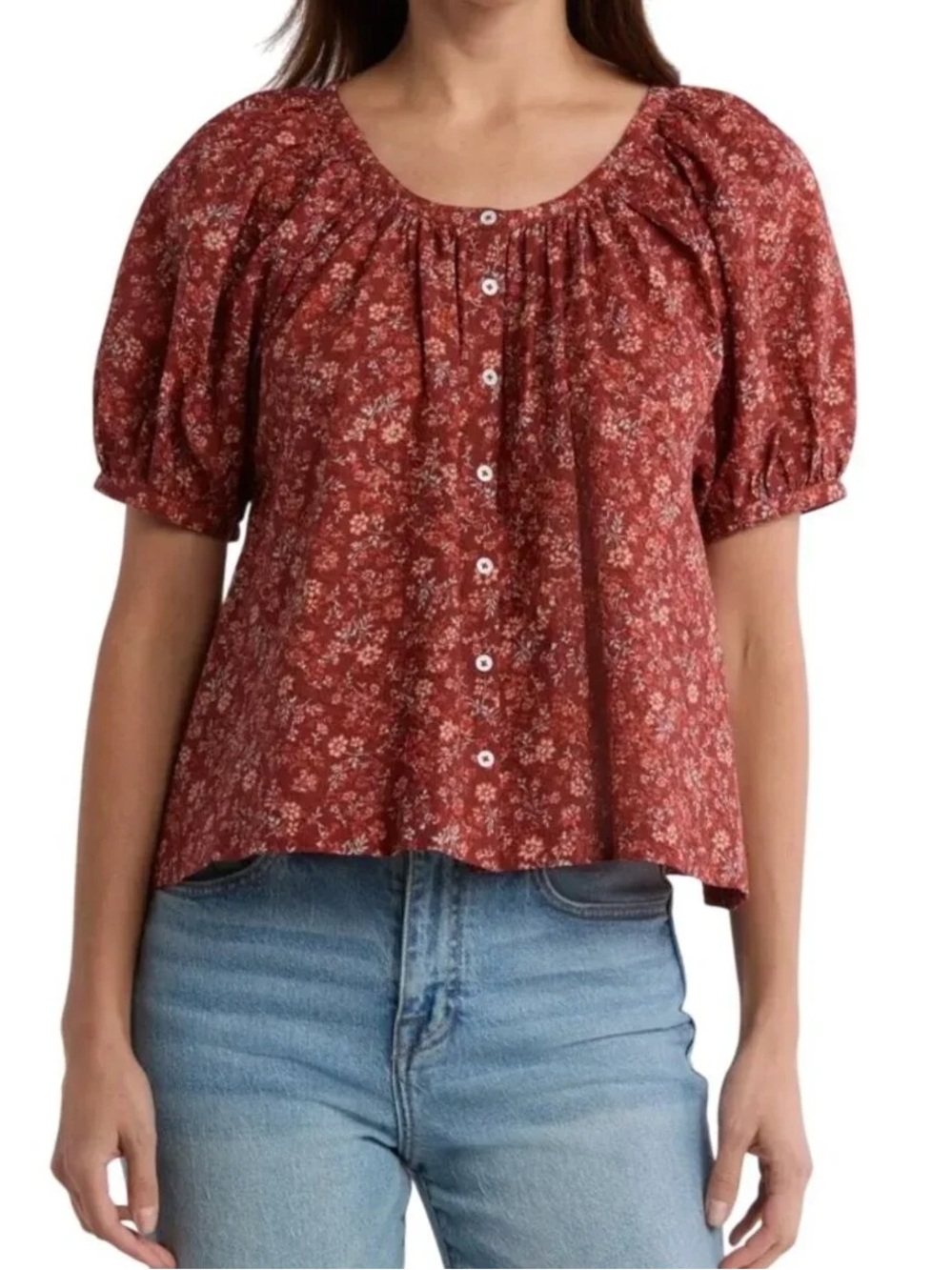 Madewell Emilina Mahogany Floral 100% Cotton Button Blouse Size Medium